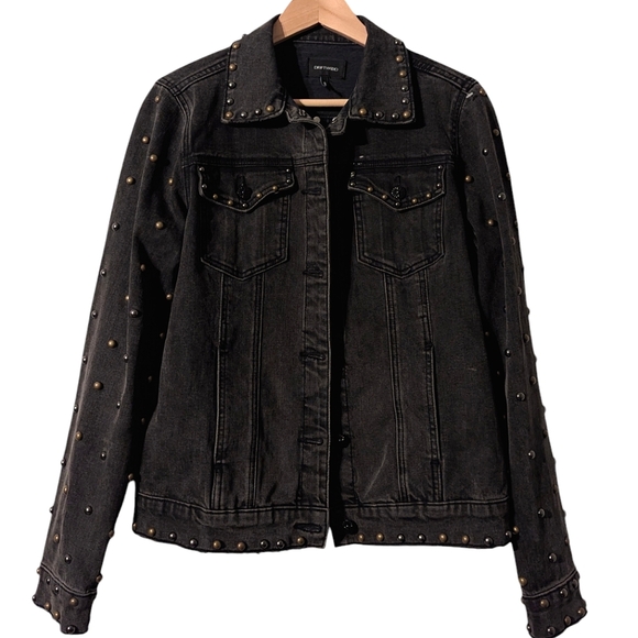 Driftwood Genna Studded Button Down Black Distress Denim Jacket Western Bronze - Picture 2 of 15